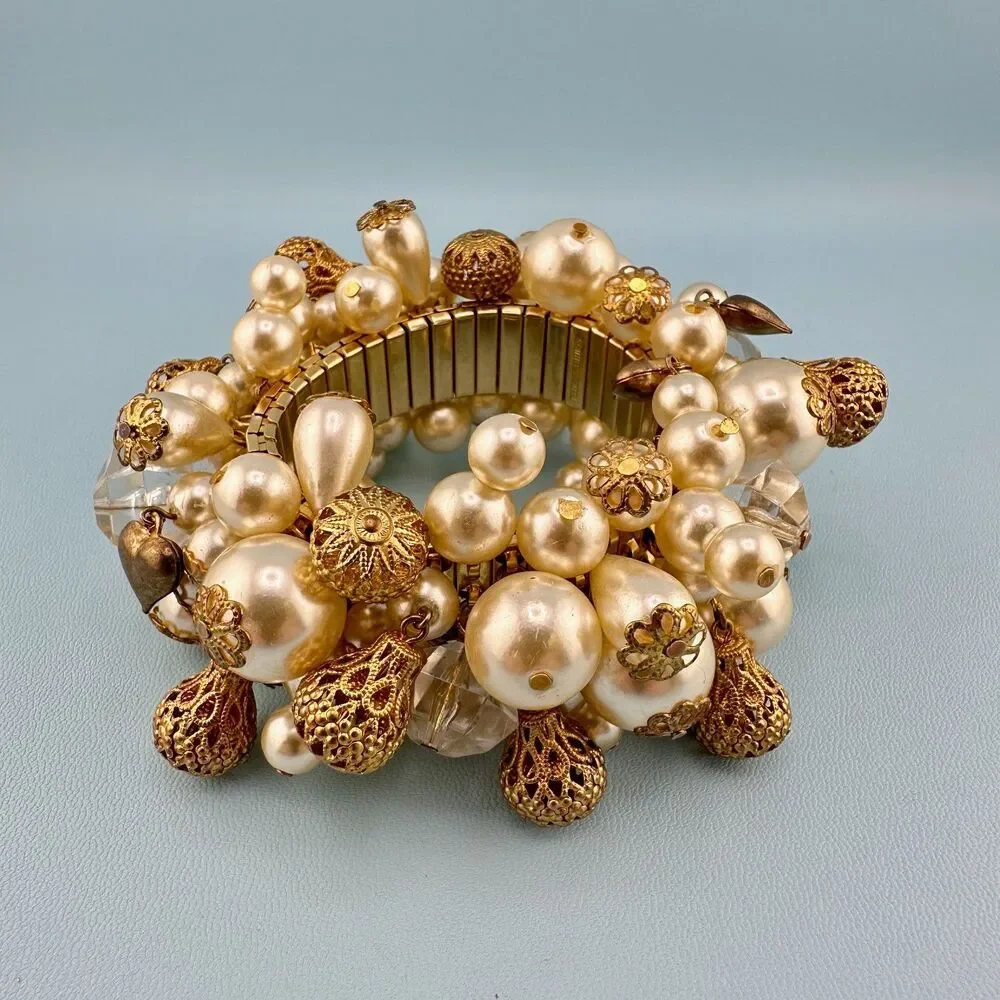 Vintage Cha Cha Bracelet Faux Pearl Filigree Ball Lucite Crystal Heart Expansion